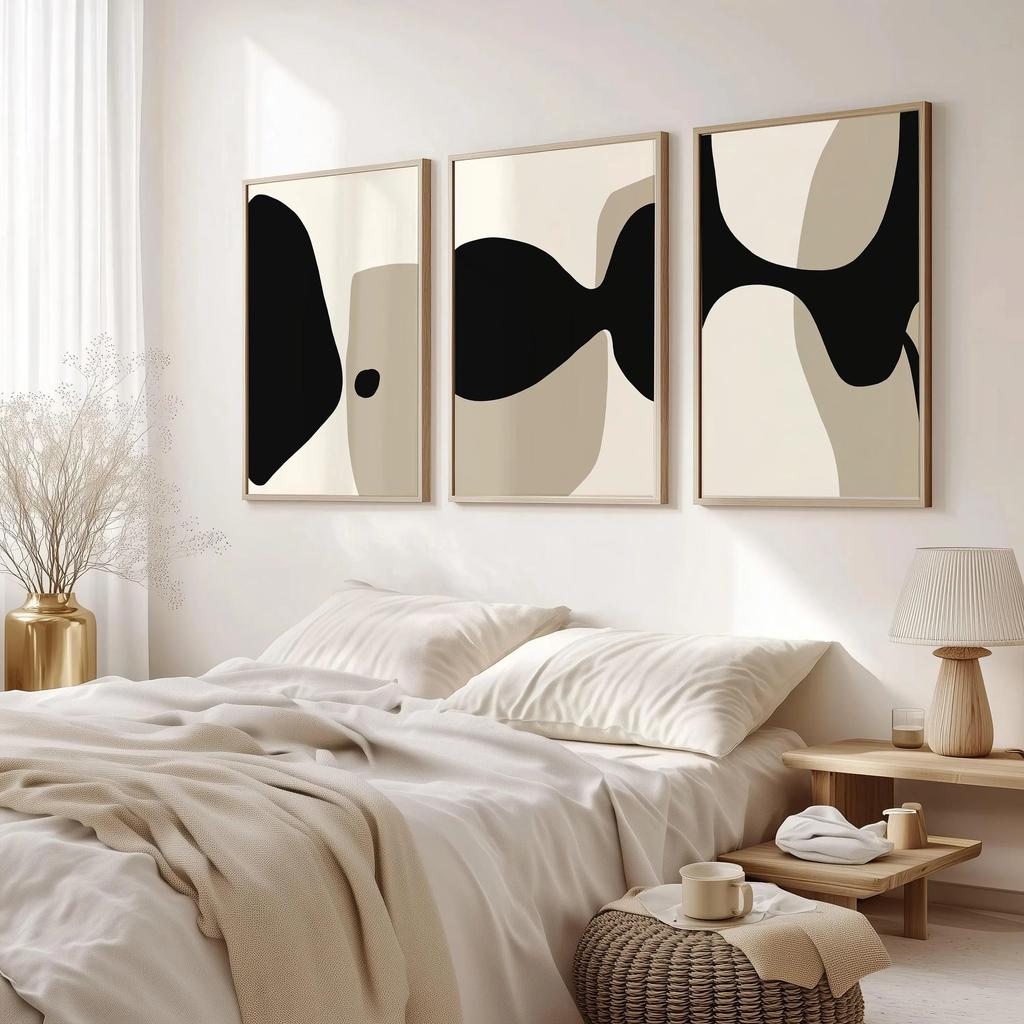 Neutral Abstract Wall Art Set, Boho Black & Beige Organic Shape Canvas Prints, Scandinavian Minimalist Home Decor Perfect Gifts