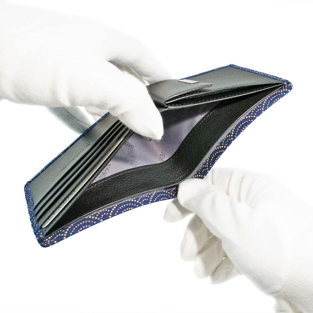 [Inden-ya] Inden Bifold Wallet with Bill Compartment C, Thin Deerskin Leather, Navy Blue with White Lacquer, Seigaiha Pattern, 2003-14-004