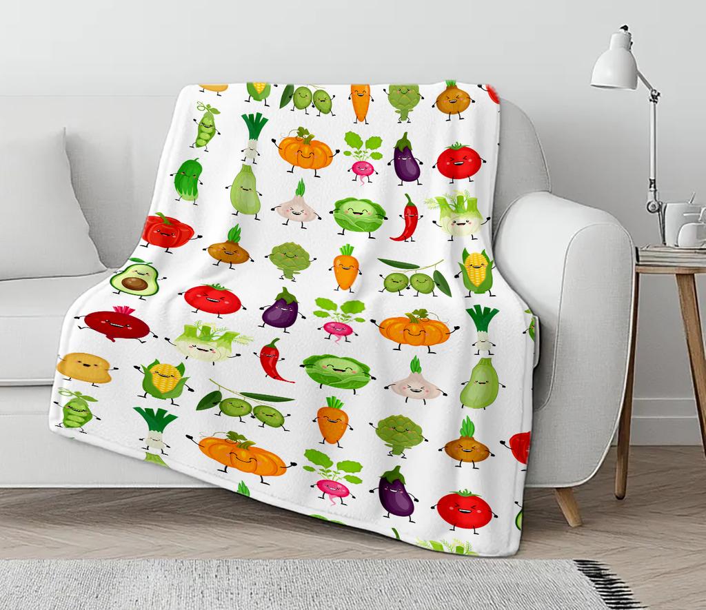 Fruits and vegetables Cartoon Pattern Cute Throw Blanket Green Size for Bed Sofa Couch Super Soft Warm Kawaii Flannel