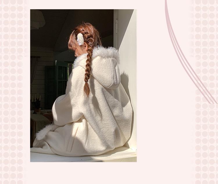 Women's White Wool Hooded Overcoat - Long Sleeve, Loose Fit, 2024 Autumn/Winter