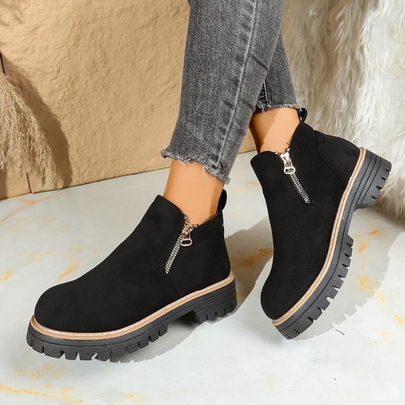 Damen Stiefeletten mit runder Zehenpartie, Martin Boots mit Blockabsatz und seitlichem Reißverschluss, Herbst Winter Kurzstiefel für Damen
