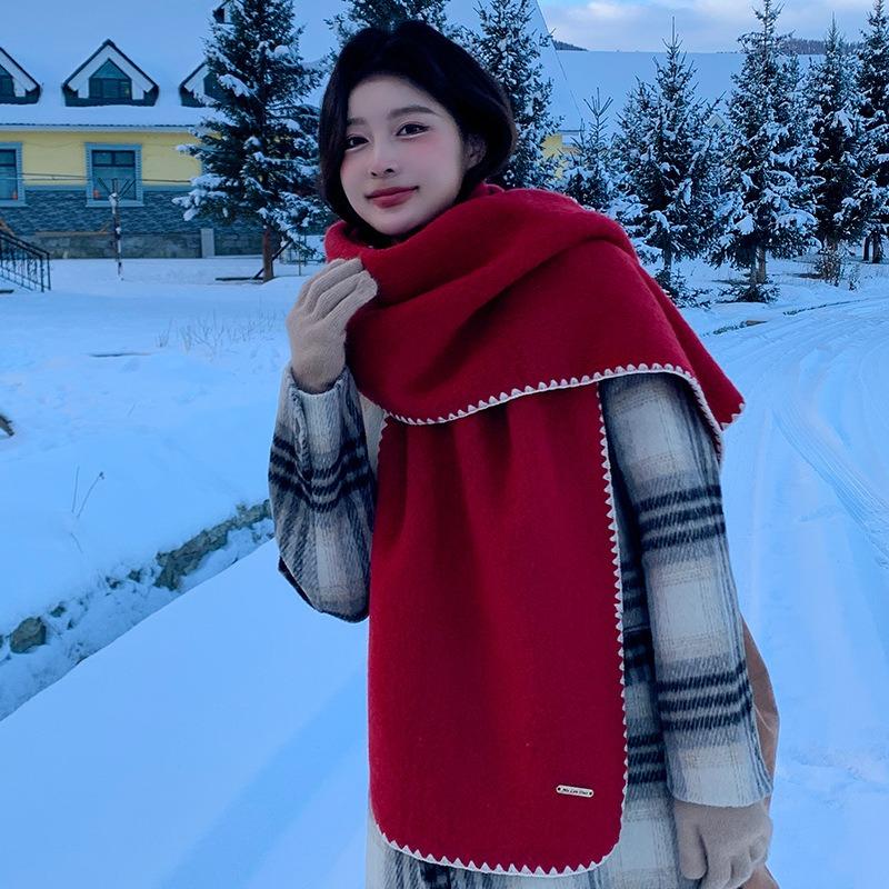 Premium sense including wool red knitted scarf women's new winter atmosphere thickened warm scarf