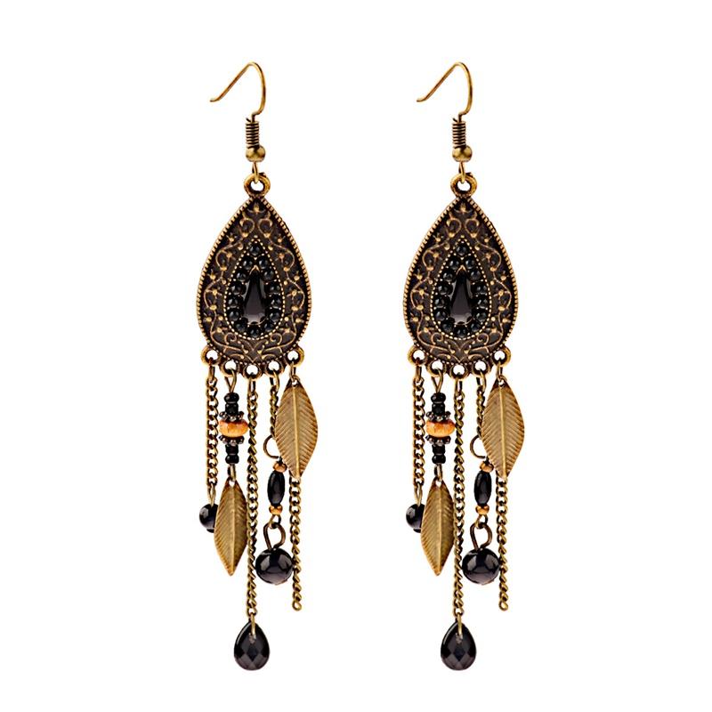 TopHanqi Womens Bohemia Ethnic Bronze Water Drop Earring Multicolor Stone Metal Leaf Pendant Long Tassel Earrings Indian Zircon