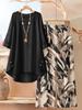 Large Size Women's Seven-quarter-sleeved Irregular Top Plant-printed Wide-leg Pants Casual Two-piece Set Multi-color