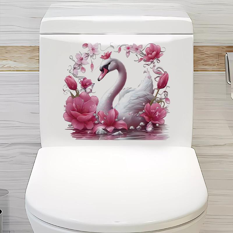 Pink Swan Decals Self Adhesive Toilet Lid Sticker Bathroom Decoration Water Tank Cover Decor