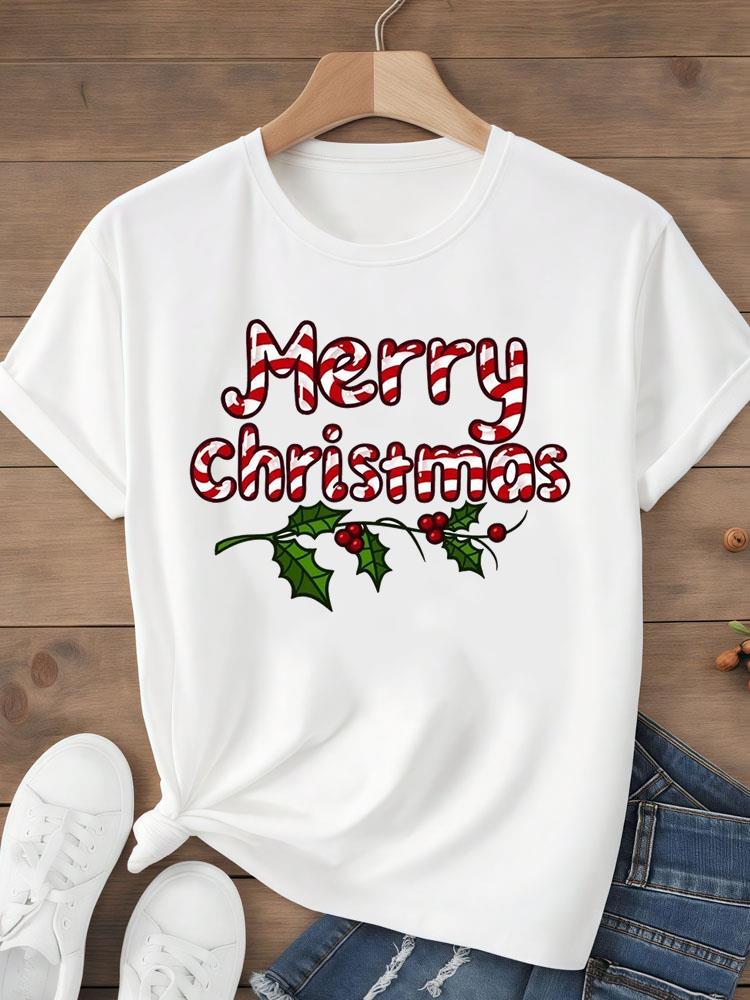 (Asian Size)sweet tree Tee Top festival  Merry Christmas New Year Holiday Women Print Lady Short Sleeve Fashion Graphic T-shirts