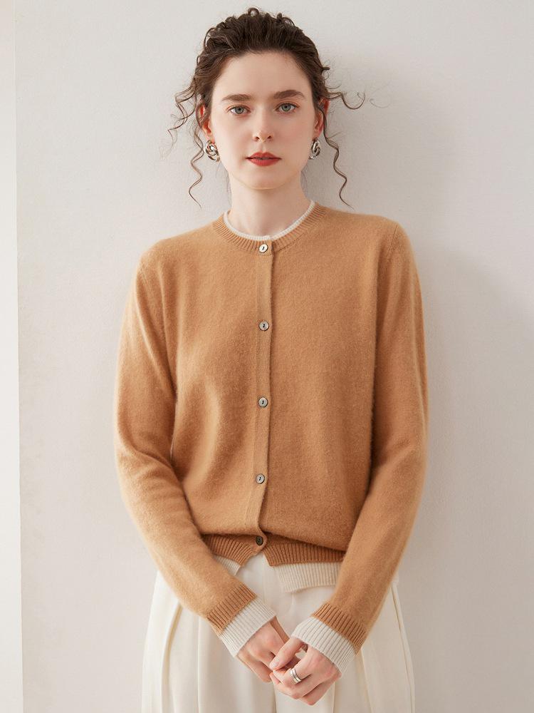 Trending Cashmere Sweater: Two-Piece Color Block, Soft Knit Round Neck, Women's Cardigan