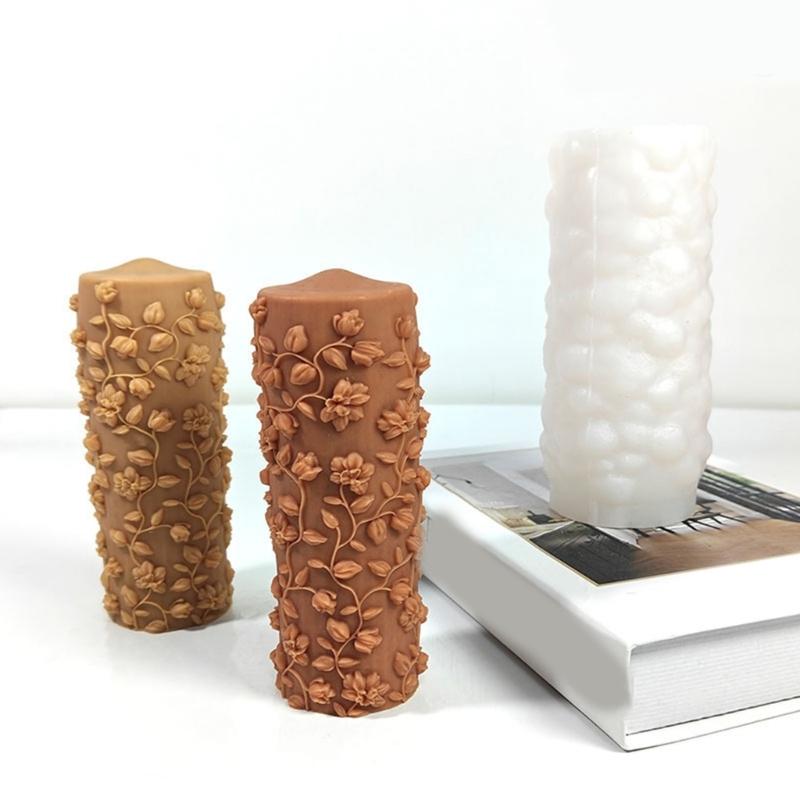 Embossed Floral Leaf Cylinder Silicone Candle Molds for Epoxy Resin Handmade Candle Soap Fondant Chocolate Candy Cake