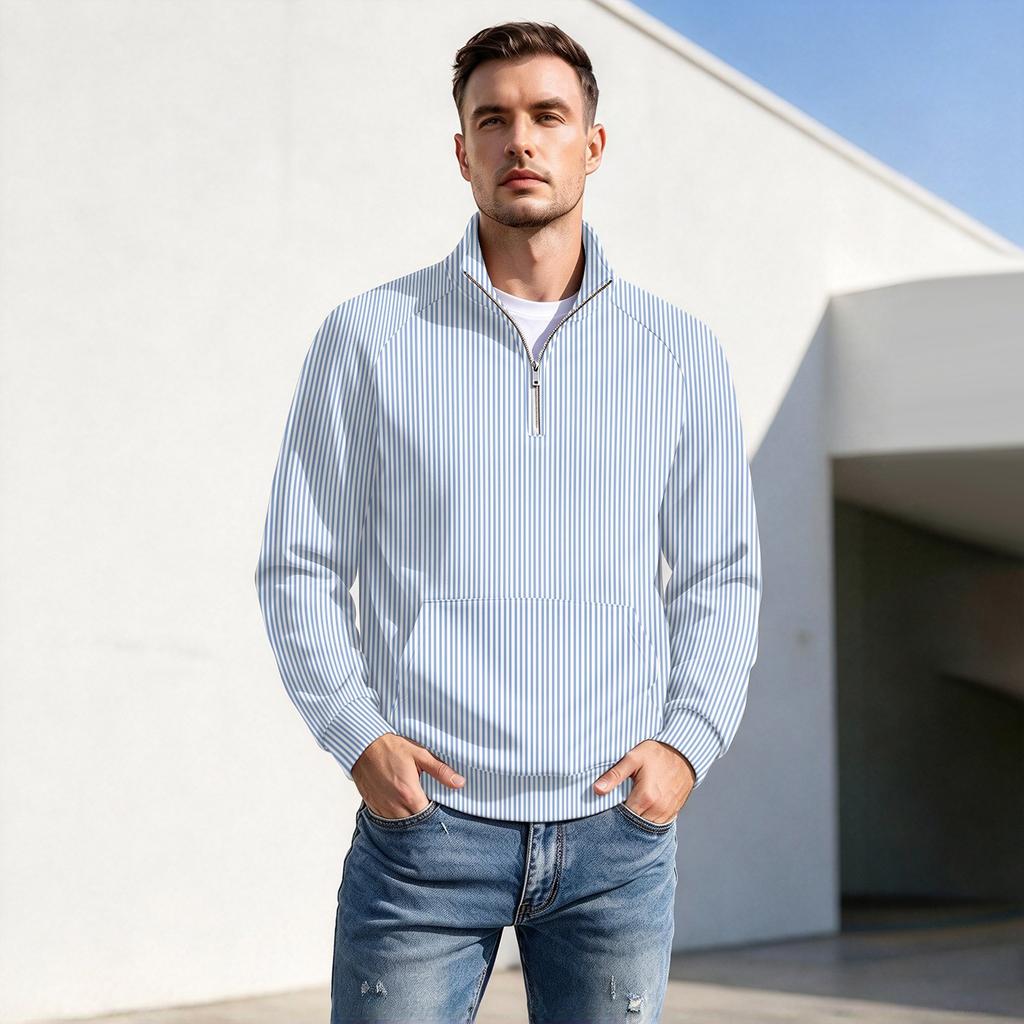 Herren Pullover mit vertikalem Streifenprint, Reißverschluss und Stehkragen, Lässiges Falten- Sportoberteil für Herbst Winter