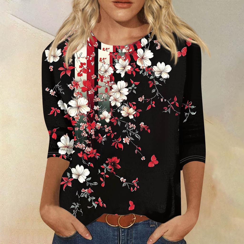 Women's Fashion Casual Seven Sleeve Printed Round Neck T-Shirt Top