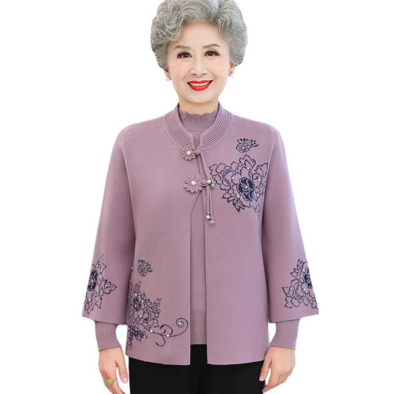 Grandma's Autumn Sweater Cardigan Middle Elderly Clothes Female Old Lady Two-piece Suit Year-old 0 Mother Coat