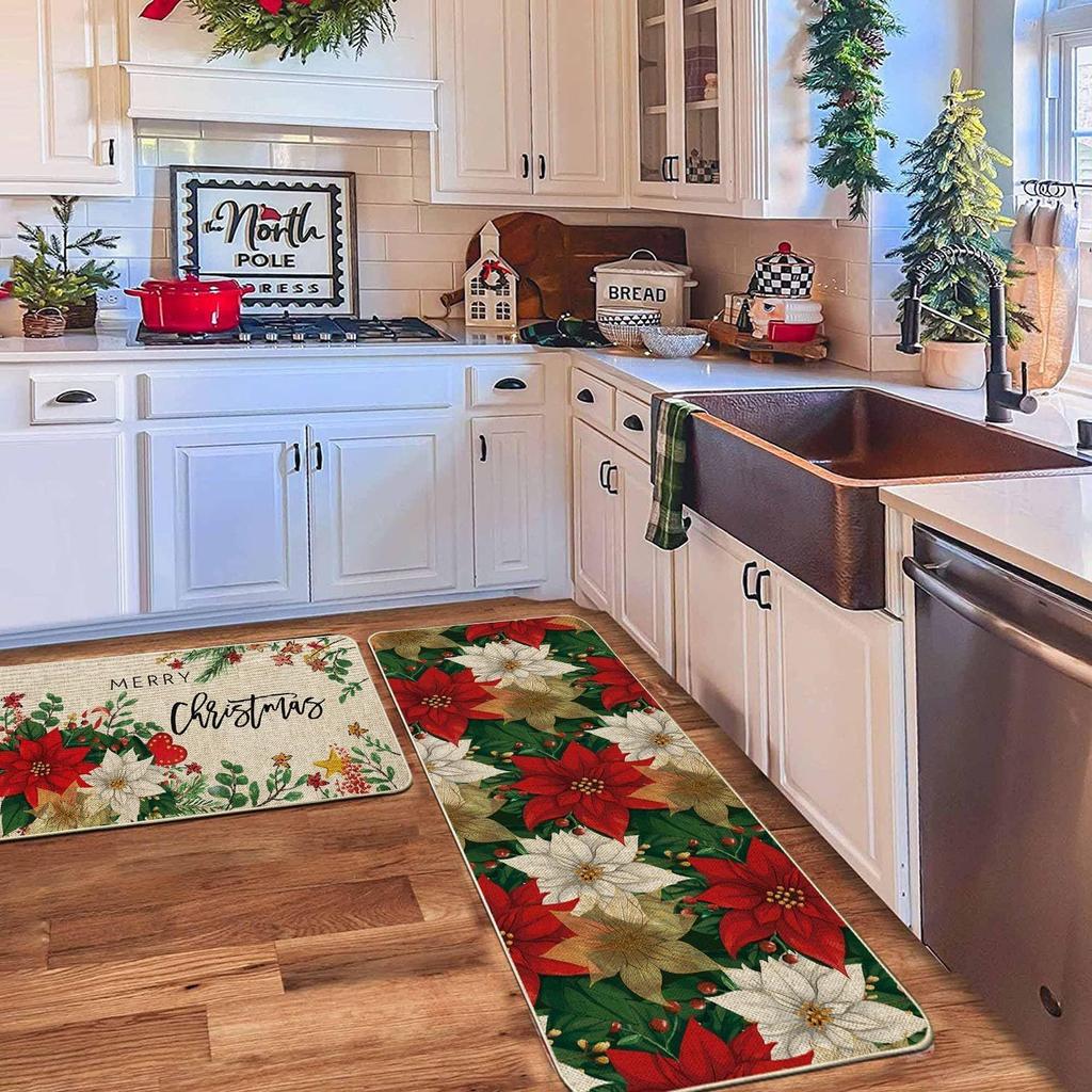 2pcs Christmas Atmosphere Floor Mat Non-slip Stain-resistant Bathroom Mat Kitchen Rug for Holiday Home Decoration