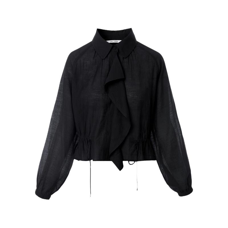 LANGZI Acetate Blend Ruffled Tie-Waist Lapel Short Jacket M чёрный