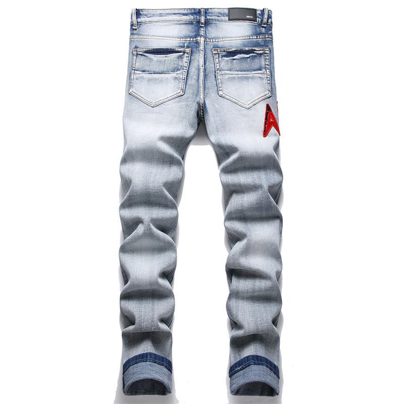 New Style Fashion Blue Ripped Patchwork Distressed Elastic Slim-fit Cropped Mens Jeans Style 3613