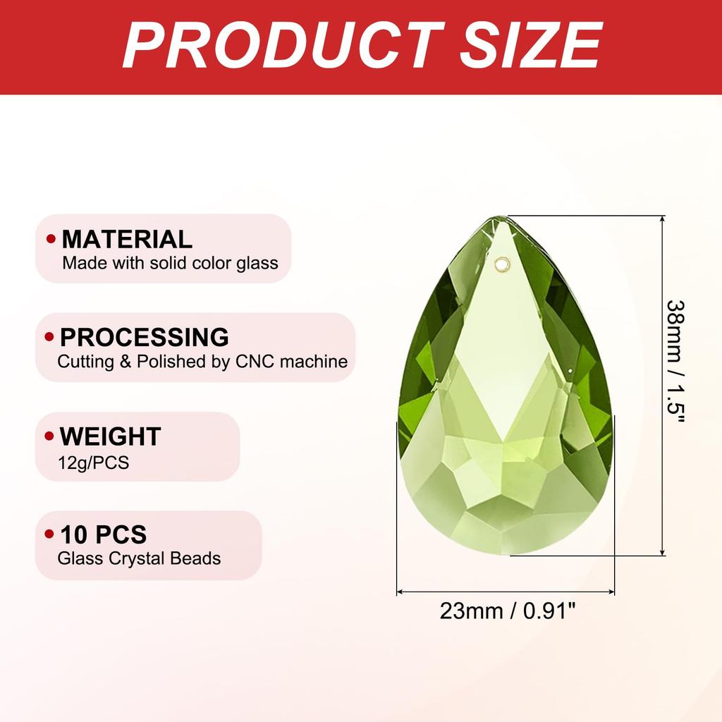 PATIKIL 10-Pack Suncatchers, 38mm Teardrop Crystal Balls, Hanging Crystal Prisms for Window Decoration, DIY, Olive Green