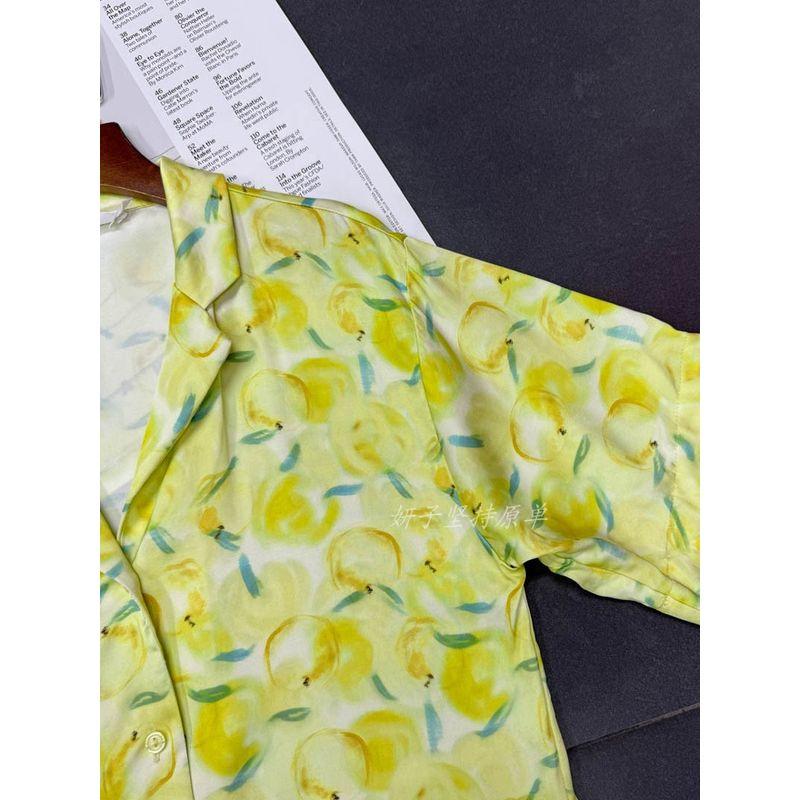 Foreign Trade Order a **R Yellow Lemon Oil Painting Print Loose Version Lapel Bright Color Comfortable Short Sleeve Shirts Top