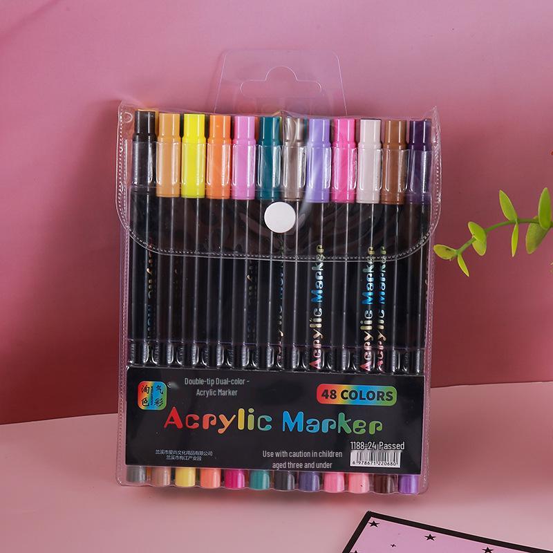 Dual-Tipped Two-Color Acrylic Marker Pens, Non-Smudging Watercolor Brush Pens for Students, Ideal for Coloring, Doodling, and Drawing.
