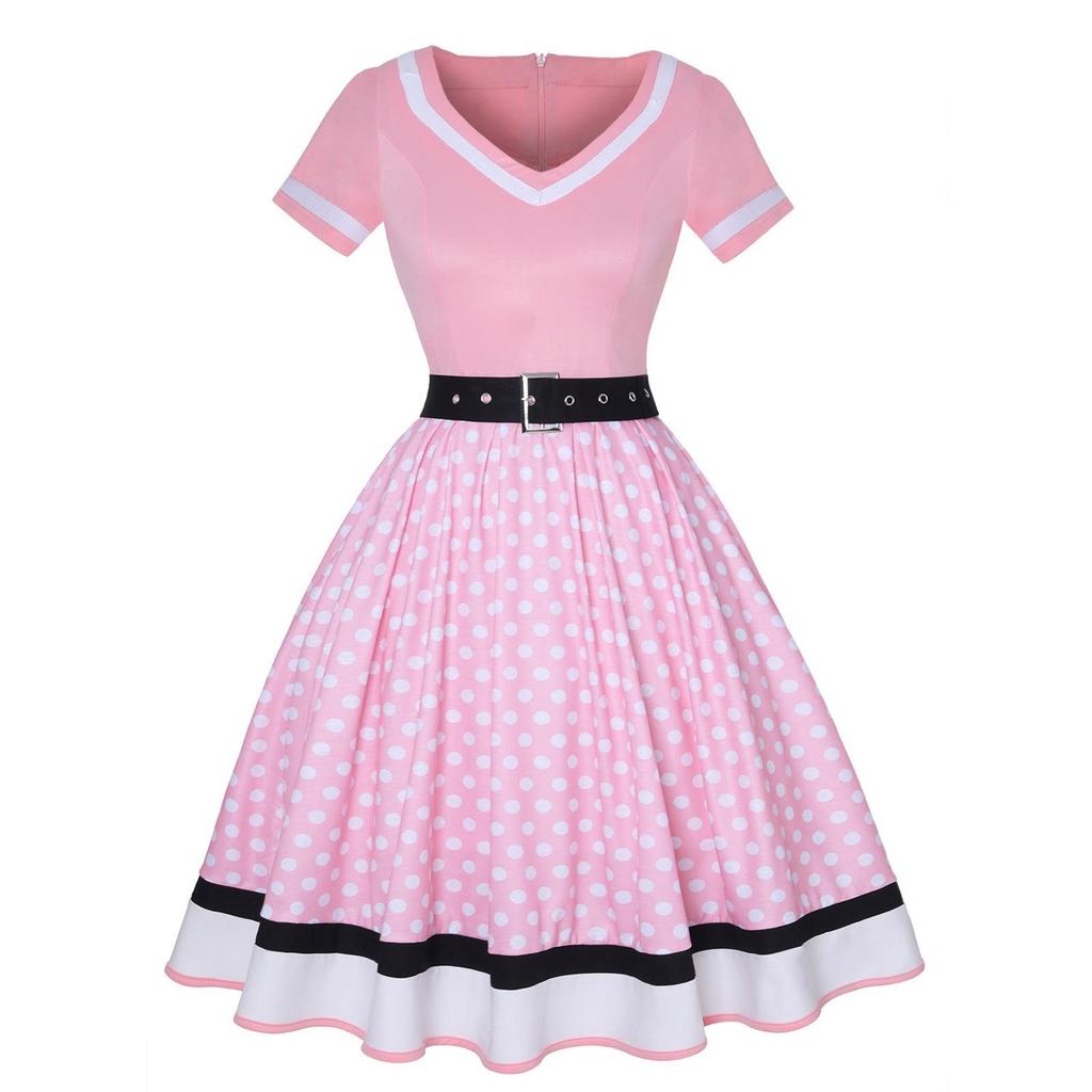Women's Fashion Casual Vintage V Neck Short Sleeve Zpper Waist Print Dress