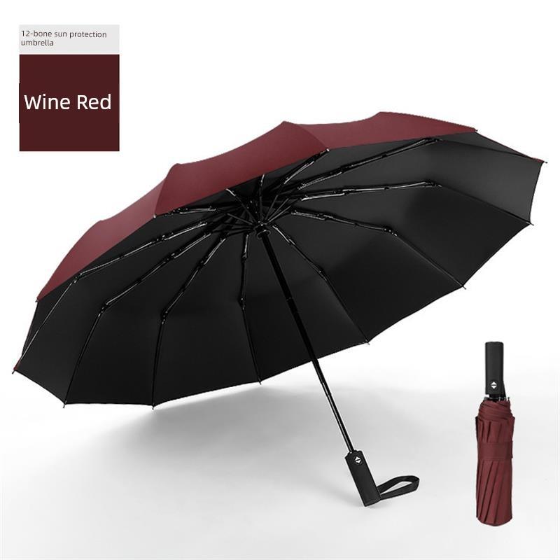 12-Rib Black Rubber Fully Automatic Folding Umbrella for Sun and Rain, Bulk Quantity, 70% off Sunshade Umbrellas with Logo Printing, Gift and