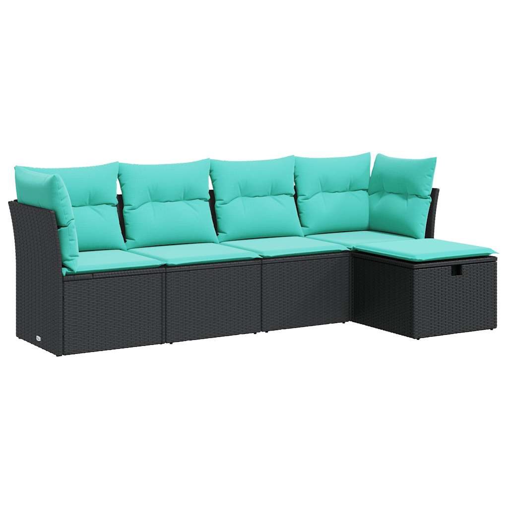 5 Piece Outdoor Sofa Set with Cushions Black Poly Rattan
