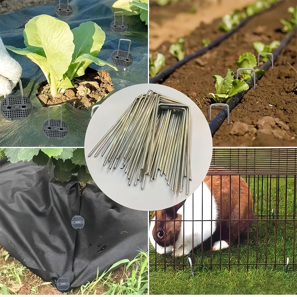 Green Painted Galvanized U-Shaped Ground Stakes for Lawn, Pet Cages, Drip Irrigation, and Weed Barrier Fabric