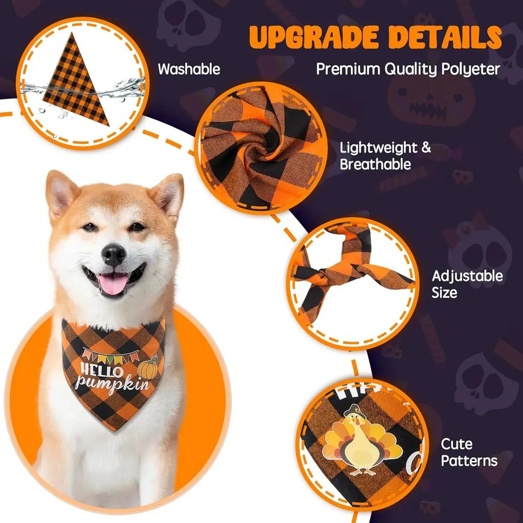 Pet Bandanas Halloween Reversible Dog Bandana Adjustable Classic Plaid Style Thanksgiving Dog Bandana Pet Accessories