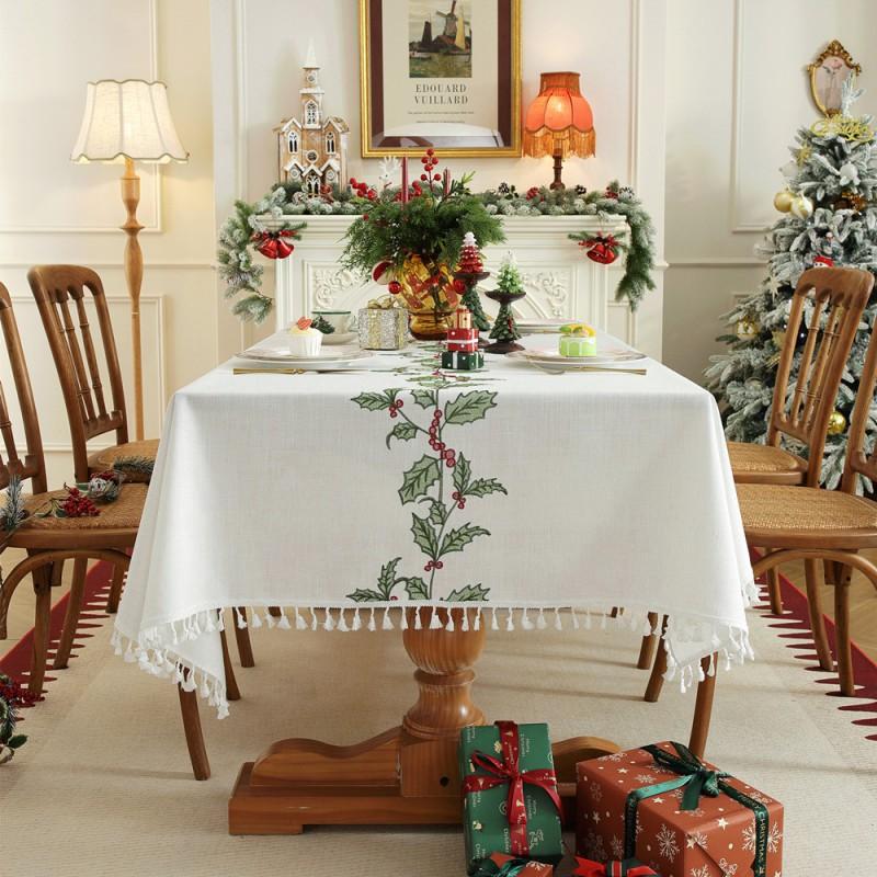 Embroidered Christmas Tablecloth Rectangle Floral Table Cover With Tassels Dining