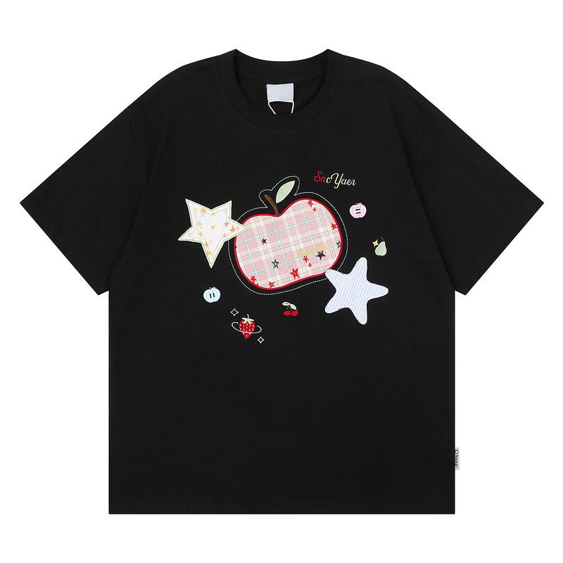 Dopamine plaid apple star embroidered short-sleeved T-shirt 2026 Korean chic loose casual apricot top TEE S чёрный