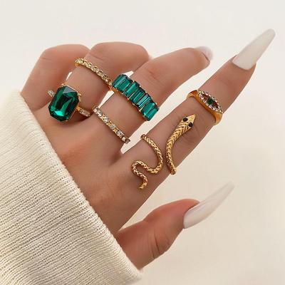 Retro Green Rhinestone Geometric Snake-Shaped Alloy Ring Set - 6 Pieces