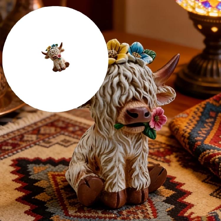 Hochland-Kuh Harzskulptur mit Blumendesign Schreibtischdekoration für Zuhause Bauernhäuser Etagen-Tablett Sammlerstück Verzierung