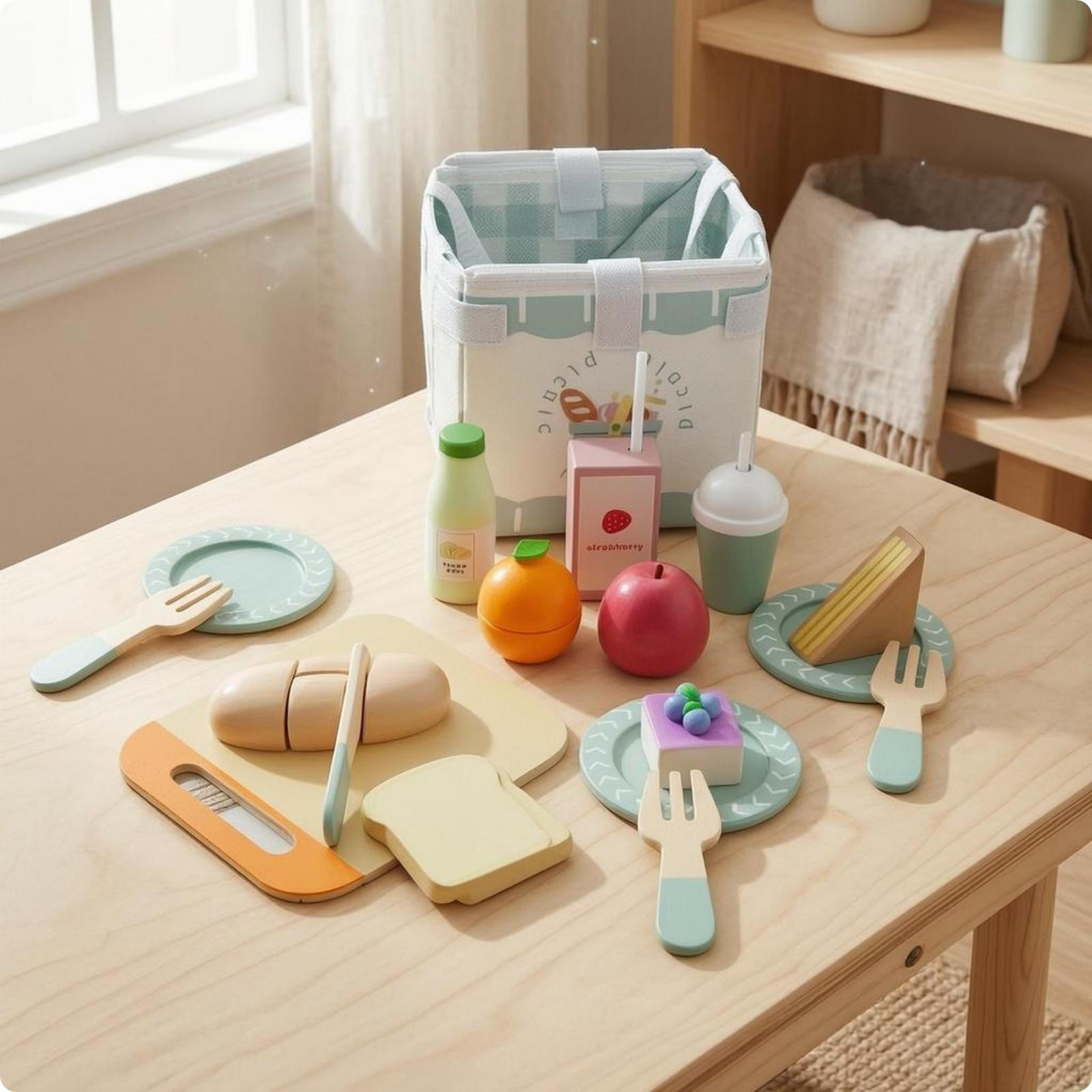 Pretend Tea Set PastelColored Wooden Picnic Early Learning Children s Playset for Young