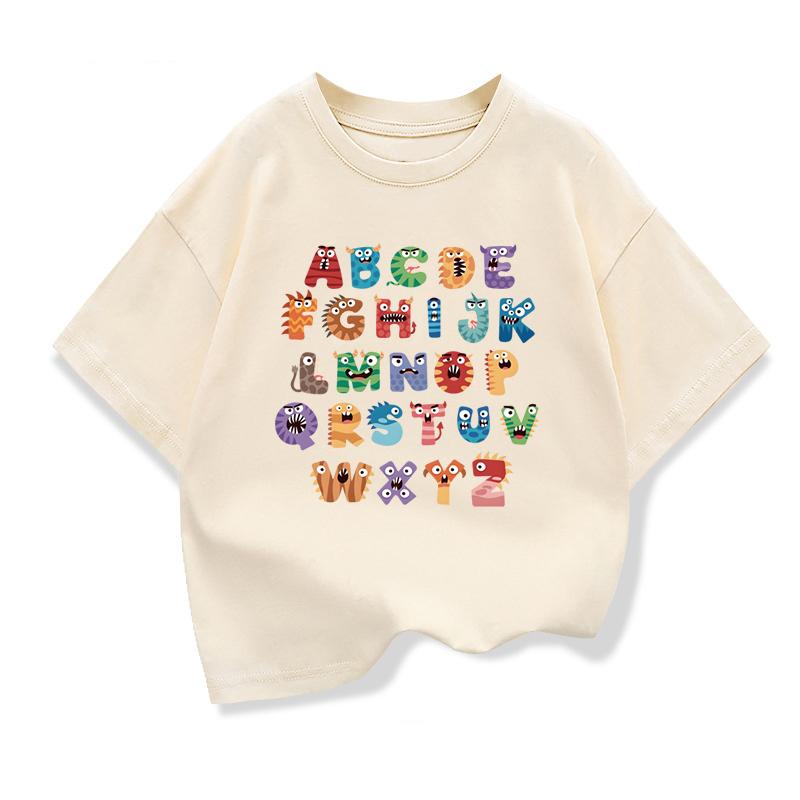 Original Design Creative 26 English Letters Print Tee Tops Boys Girls Short Sleeve Tshirt Summer Kids Clothing