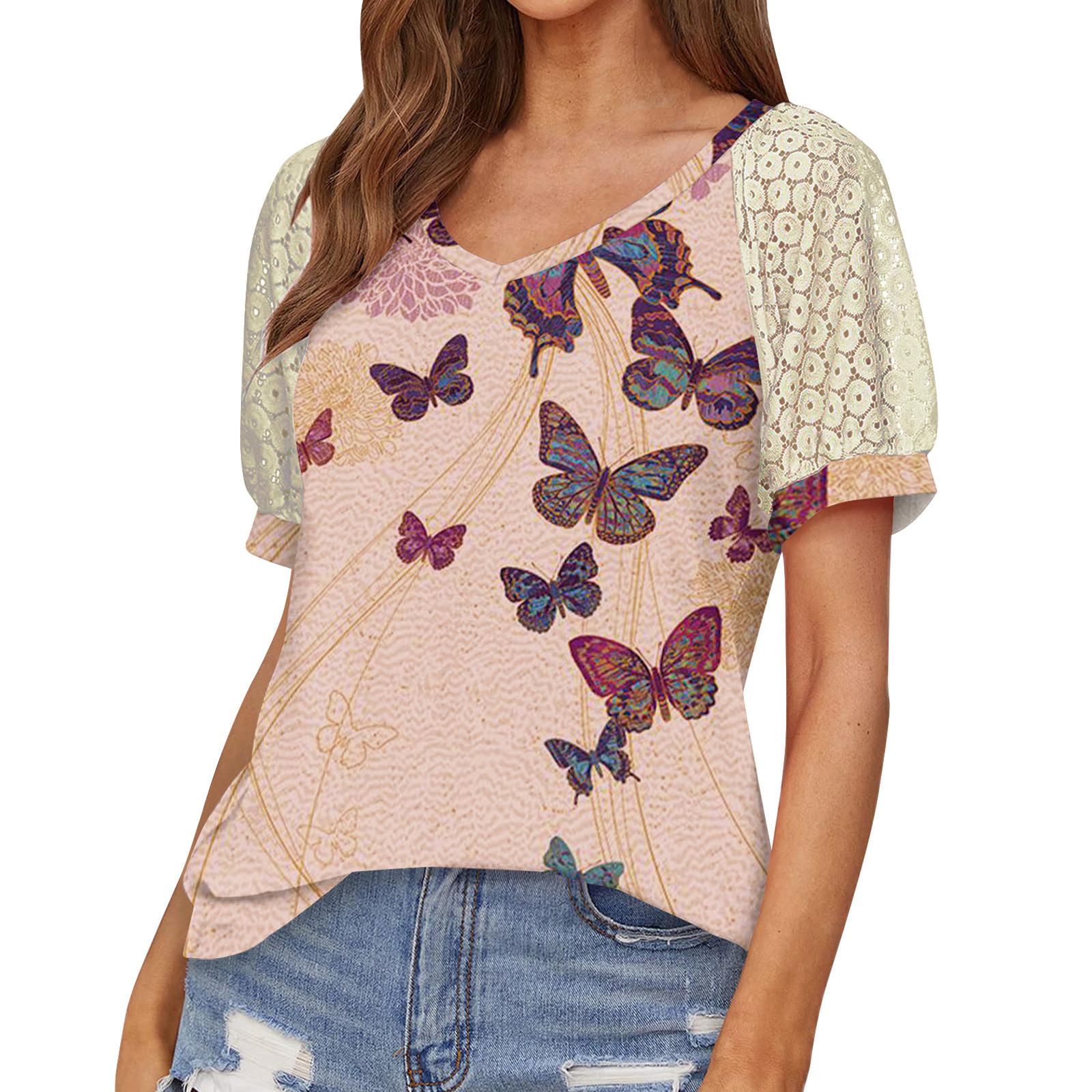 

Summer Lace Cutout Design Short Sleeve Shirt V Neck T-Shirt Dressy Raglan Stitching Comfortable Cotton Street Casual Tops S