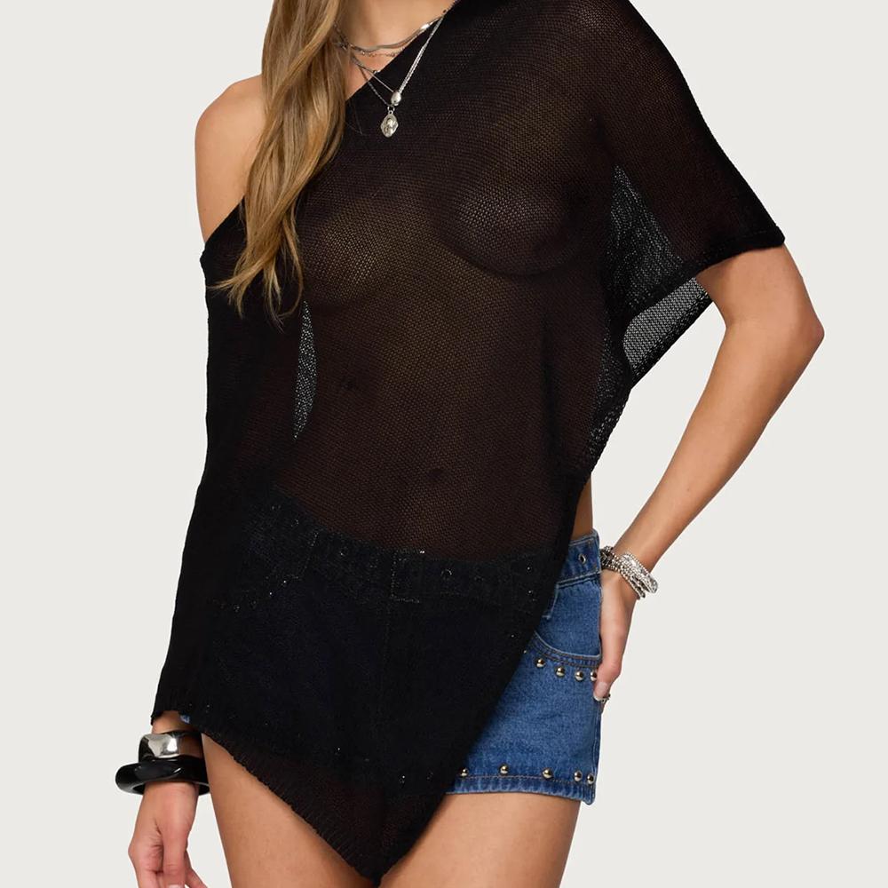 Damen Y2k Unregelmäßiges Sonnenschutzkleid Gestrickte Überwürfe Crop Tops Durchsichtig Einfarbig Unregelmäßig Locker Pullover Sommer Boho Strand T-Shirts