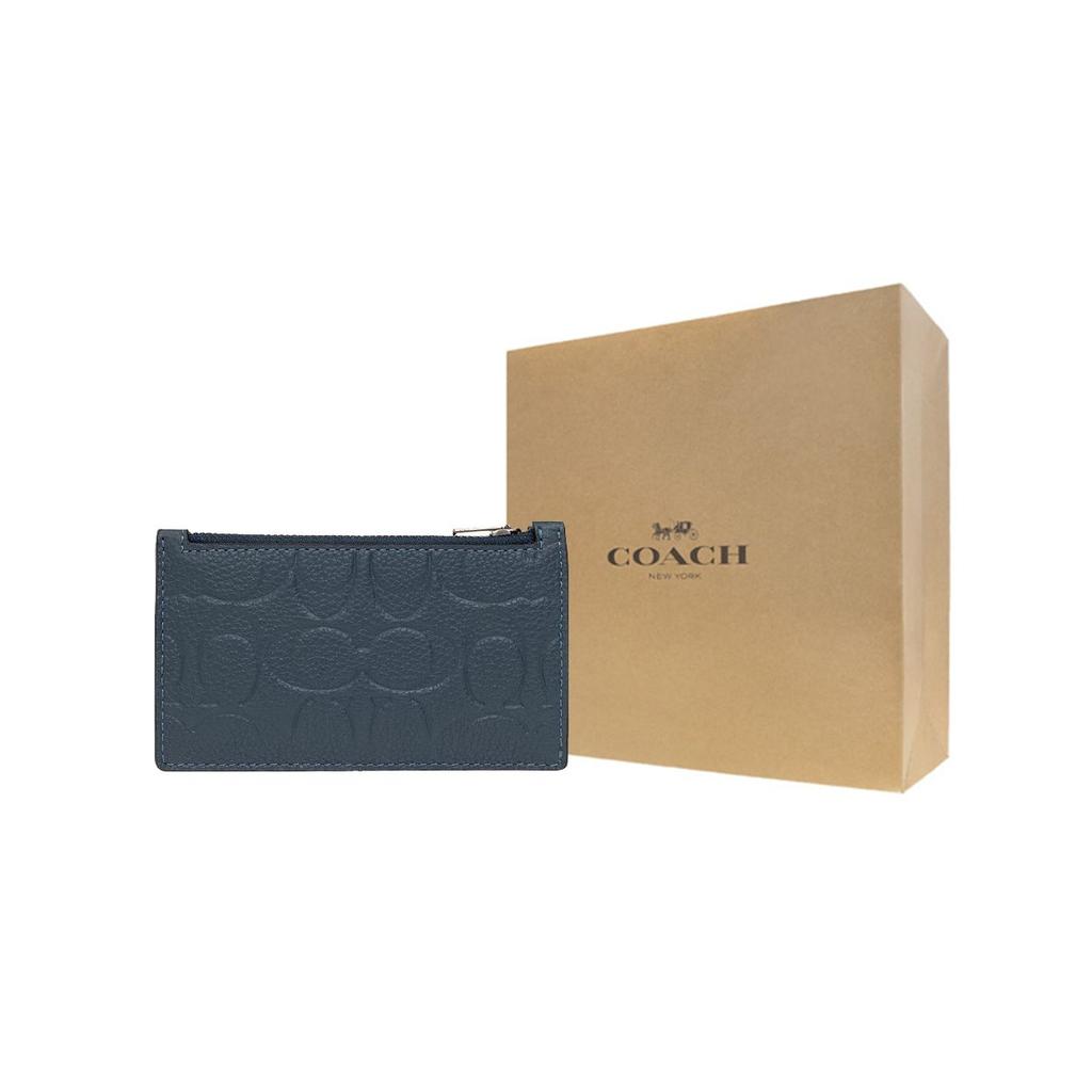 Coach Card Case 13 Logo Embossed Zipper Pocket Leather Mini Women Card Case Deep-Denim CH744-DDE