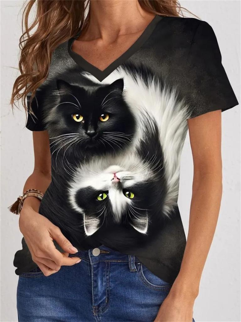 Camiseta para Mujer Gato Gráfico Animal Elegante Clásica Casual Manga Corta Cuello Redondo Tops Regulares Diaria Fin de Semana Estampado Verano Primavera