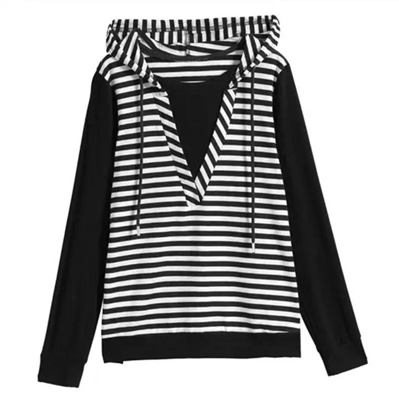 Spring Autumn Women's Casual Stripe Print Long Sleeve Hooded Blouses Mom Loose Striped Fake Two Piece Shirts