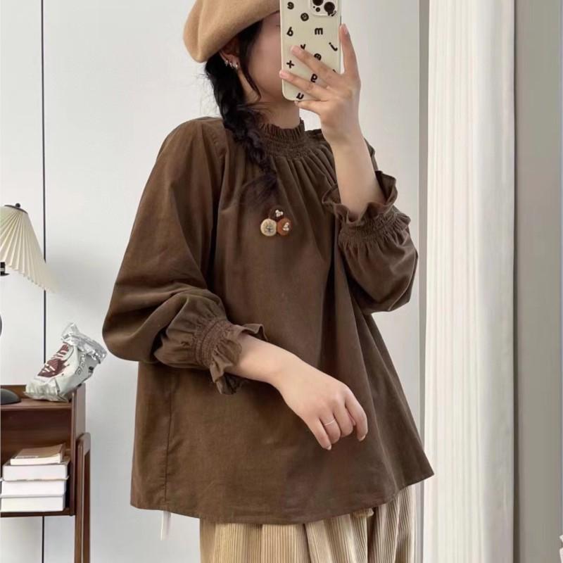 Johnature Casual Elasticated Corduroy Top Women Japanese Forest Balloon Sleeve Shirt Autumn Winter