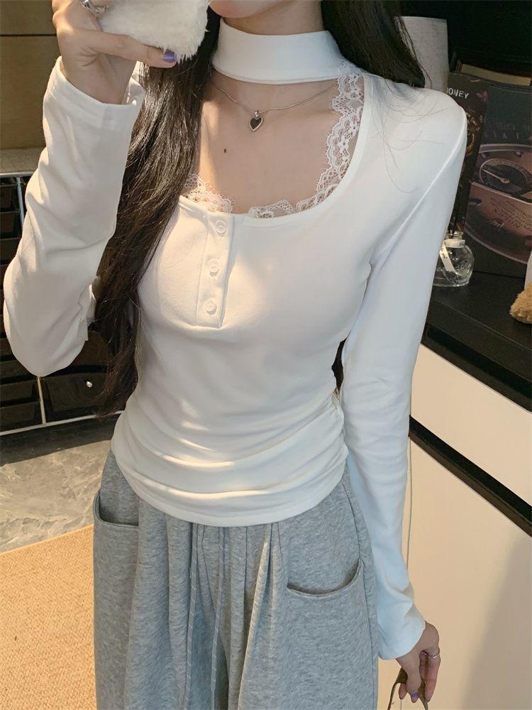 

Halter Square Neck Cotton-Modal T-shirt with Lace Splicing for Women - Autumn/Winter Extra Large белый