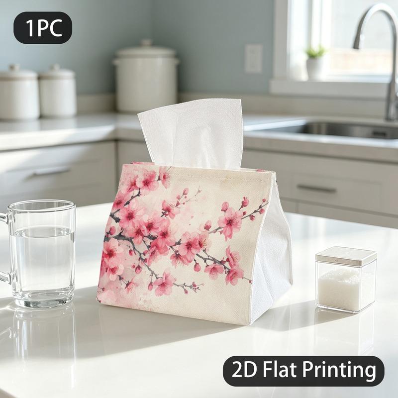 1pc Tissue Box, Watercolor/Cherry Blossom Branches/Soft Delicate Feel Pattern, 2D Flat Printing, Made from Tough Polyester, Easy to Carry, Napkin Box,