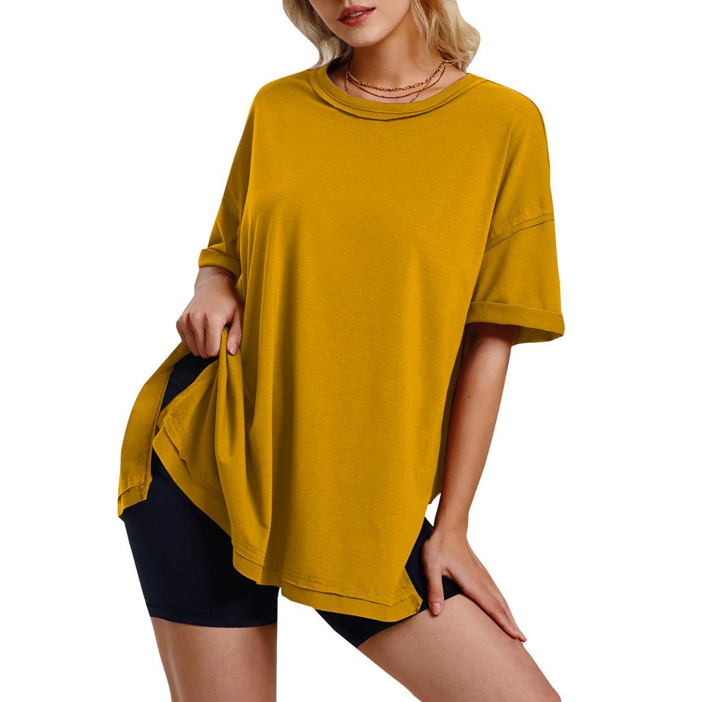 Sommar Dam Enfärgad Bomull Rund Hals Lös T-shirt med Sidoslitsar