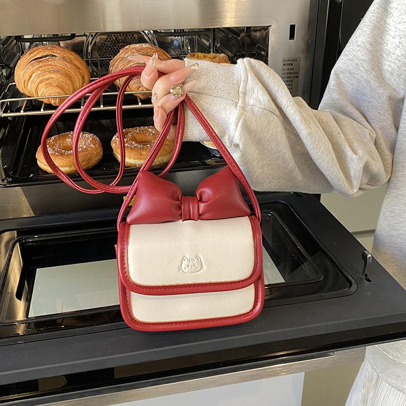 2025 Spring New Contrasting Color Bag Fashionable Sweet Style Girl Bow Shoulder Messenger Bag Mini Change Bag