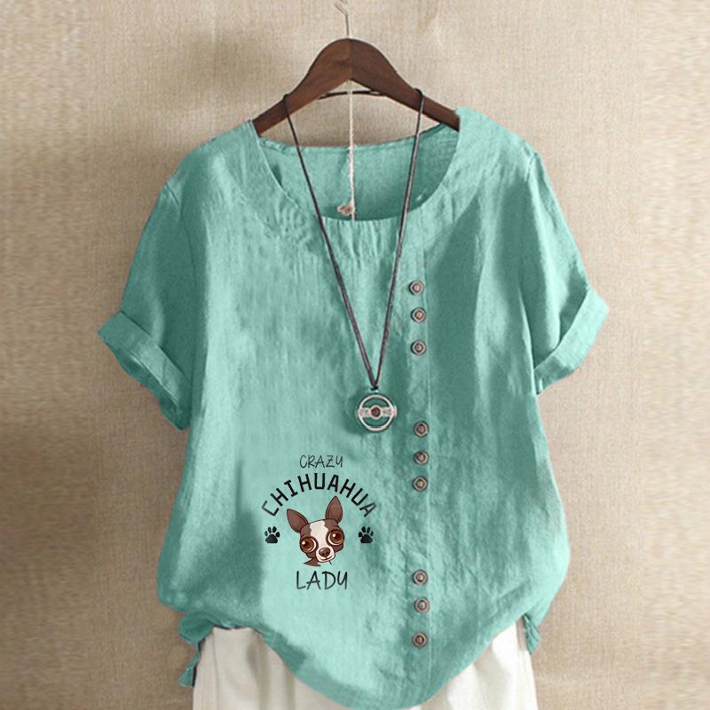 Women's Fashion Round Neck Short Sleeve T-shirt Casual Cotton Linen Graphic Shirt Leisure Loose Dog Prined Summer Blouse Tops