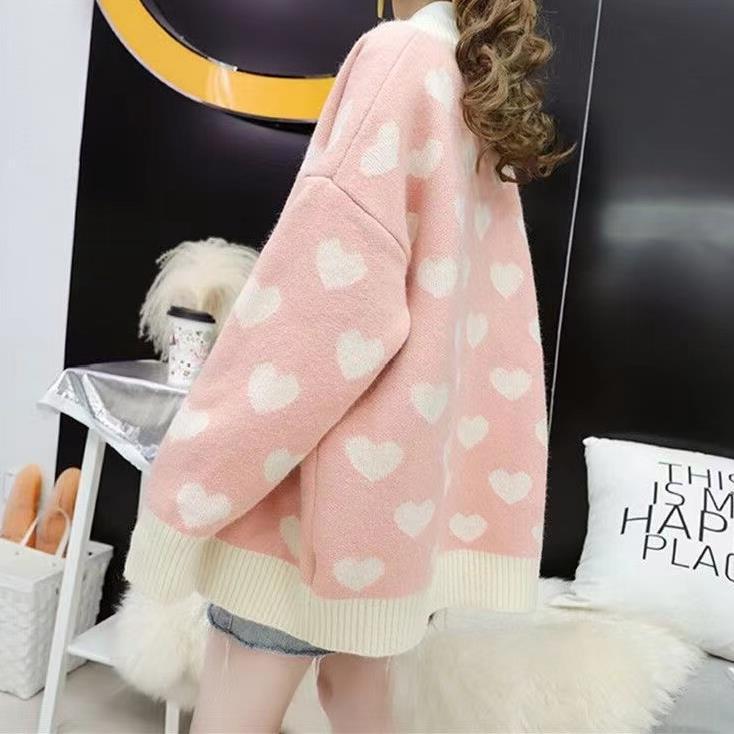 

Вязаный свитер Женское пальто Жаккардовый кардиган Женский студенческий Средней длины Свободный Ленивый Преппи Любовь Вязание One size