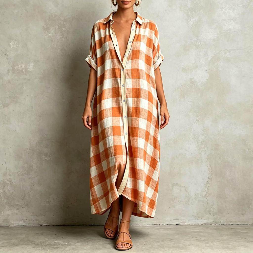 Women's Casual Plaid Short Sleeve Maxi Dress with Lapel for Vacation Beach Wear