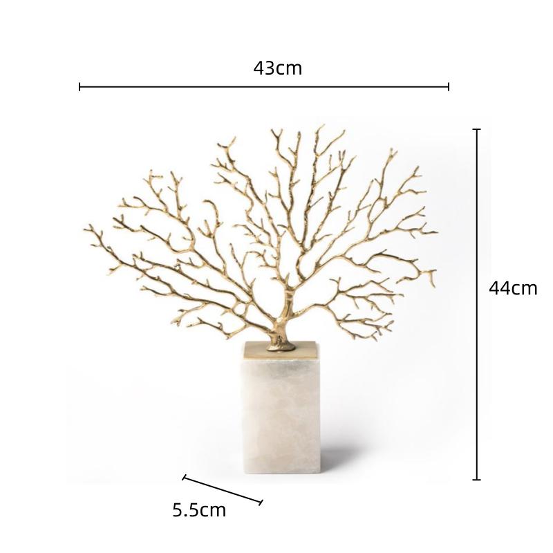 Brass Sculpture Artificial Coral Tree Marble Base Hollow Gold Tree Metal Decorative Figurines Home Decoration Accessories