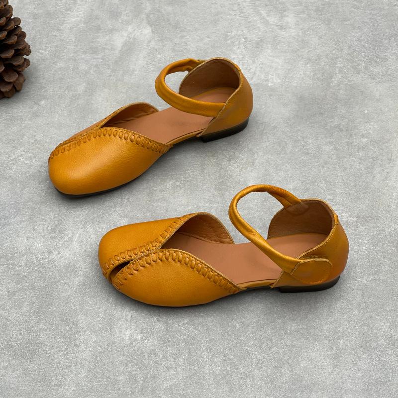 Johnature Retro Handmade Genuine Leather Sandals Hollow-out Soft Sole Round Toe Women's Shoes