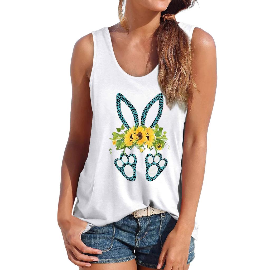 Casual Crew Neck Top Printed Loose Sleeveless Fashion T-Shirts Women’s