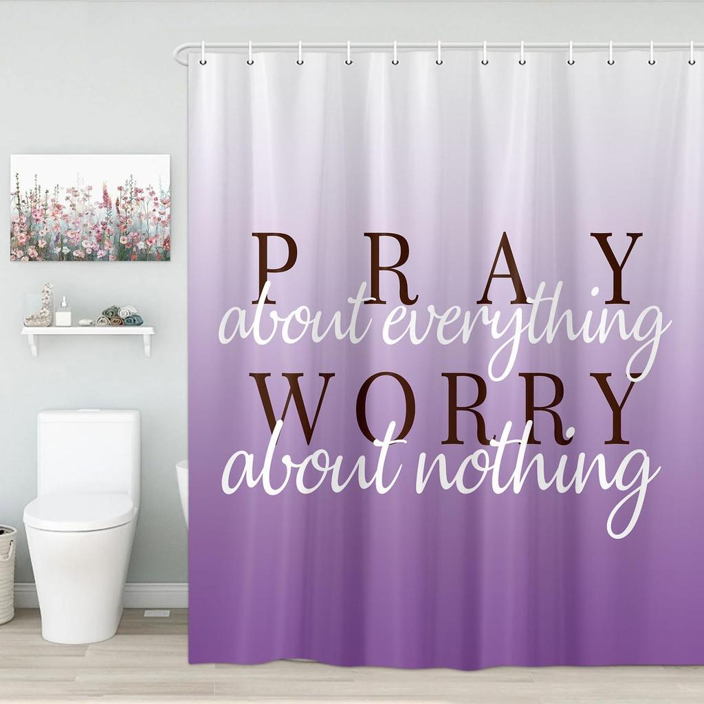Wathon Purple Shower Curtain, Lilac Purple Shower Curtains for Bathroom with Inspirational Quotes, Cloth Fabric Bathroom Decor Set with Hooks Modern