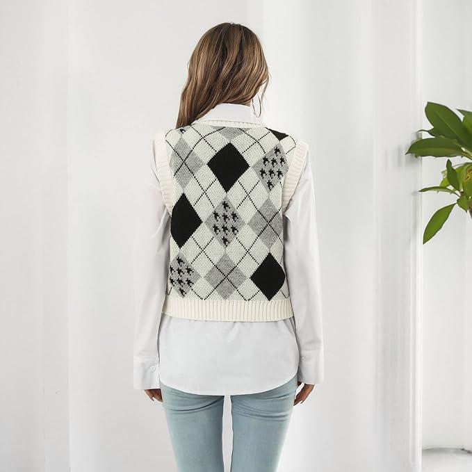 Damen Argyle Strick V-Ausschnitt Pulloverweste für Herbst/Winter
